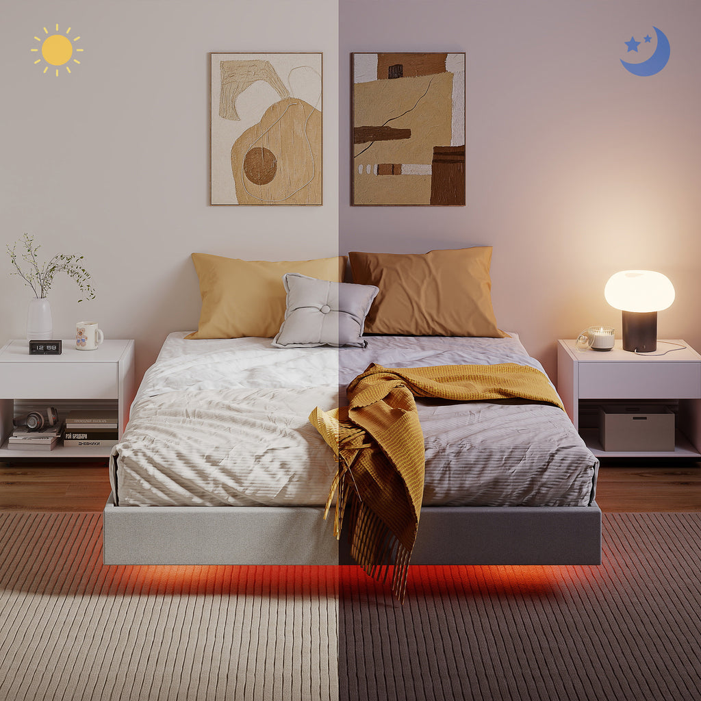 Cadre de lit flottant 140 x 190 cm avec éclairage LED, lit double rembourré en lin, sommier à lattes en bois, beige-8