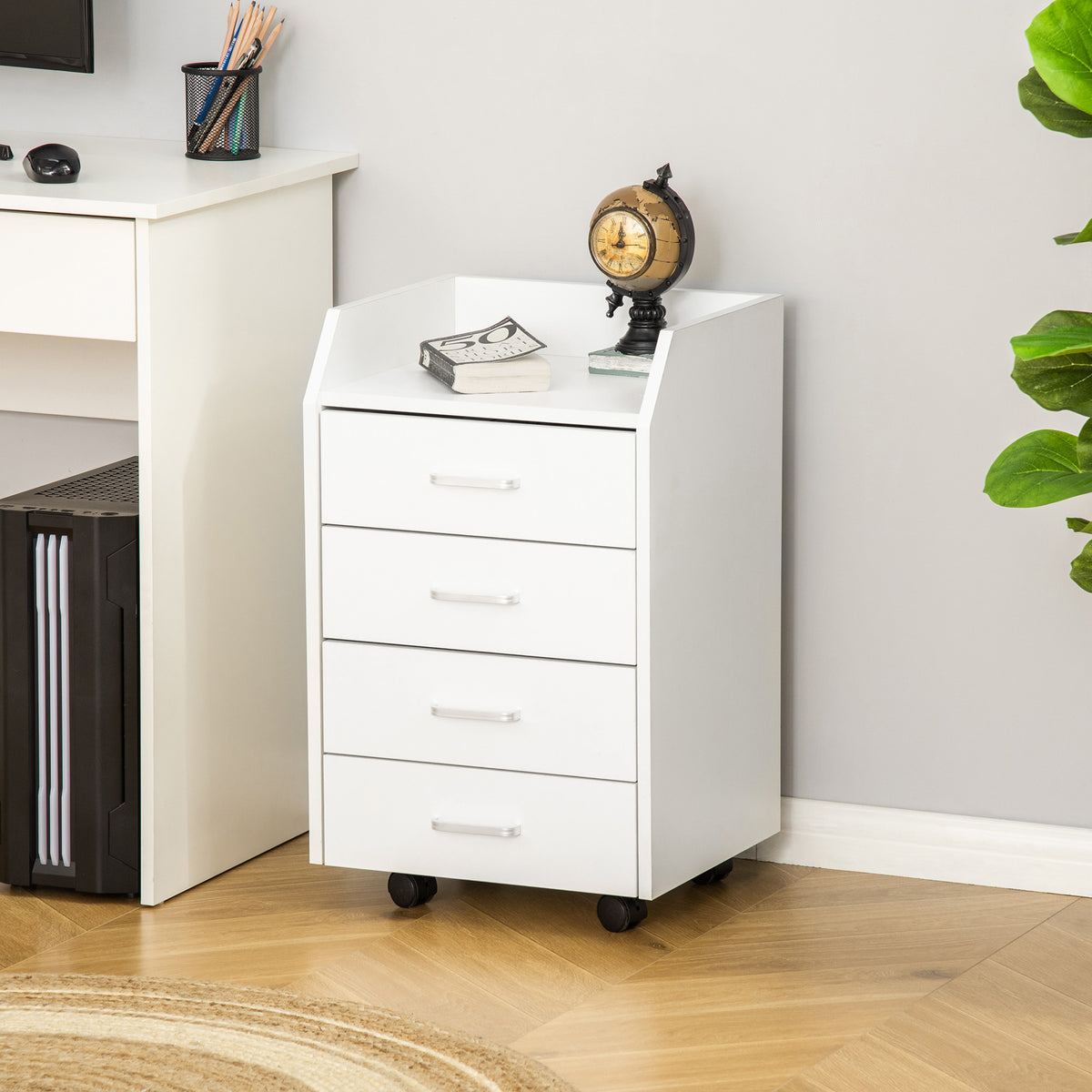 Caisson de bureau rangement sur roulettes 4 tiroirs coulissants MDF et panneaux de particules dim. 40L x 36l x 65H cm blanc-1