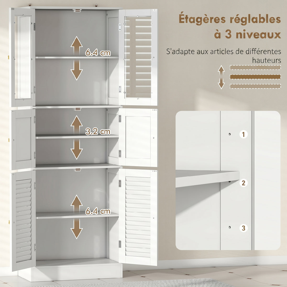 Meuble de salle de bain haut, meuble de rangement avec 6 portes dont 2 vitrées et 2 persiennes, étagère réglable, blanc-4