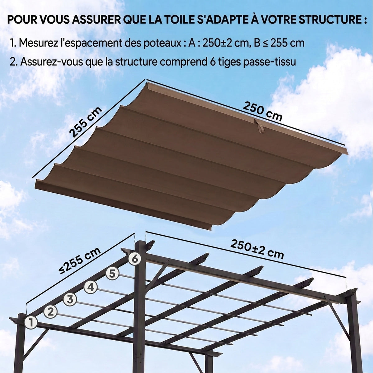Toile de toit pour pergola tonnelle rétractable de 3 x 3 m - toile uniquement 250 x 255 cm café-3