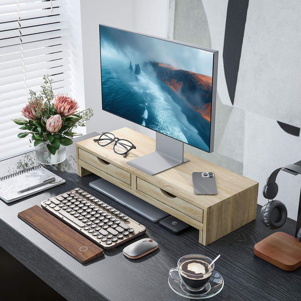 Rehausseur écran PC bureau support d'écran d'ordinateur de 60-116 cm avec 2 tiroirs, longueur et angle réglables-9