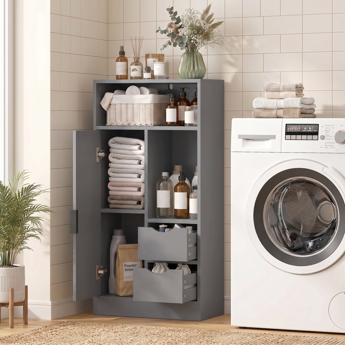 Meuble de salle de bain, meuble de rangement étroit avec 2 tiroirs, compartiments ouverts, 50x25x100cm, gris-8