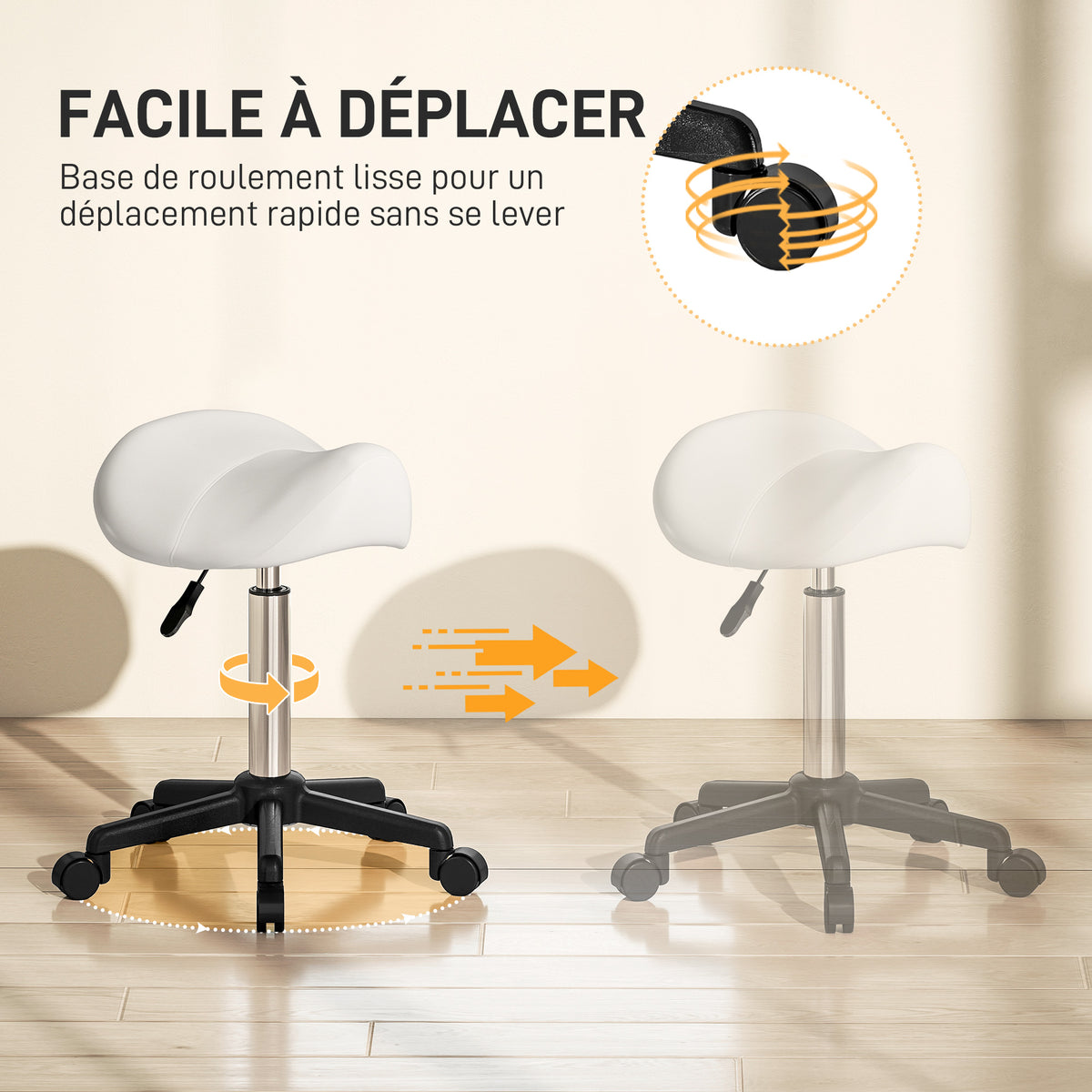 Tabouret à roulettes, chaise de travail avec hauteur réglable 45-57 cm et selle ergonomique, 48x47x45-57cm, blanc-4