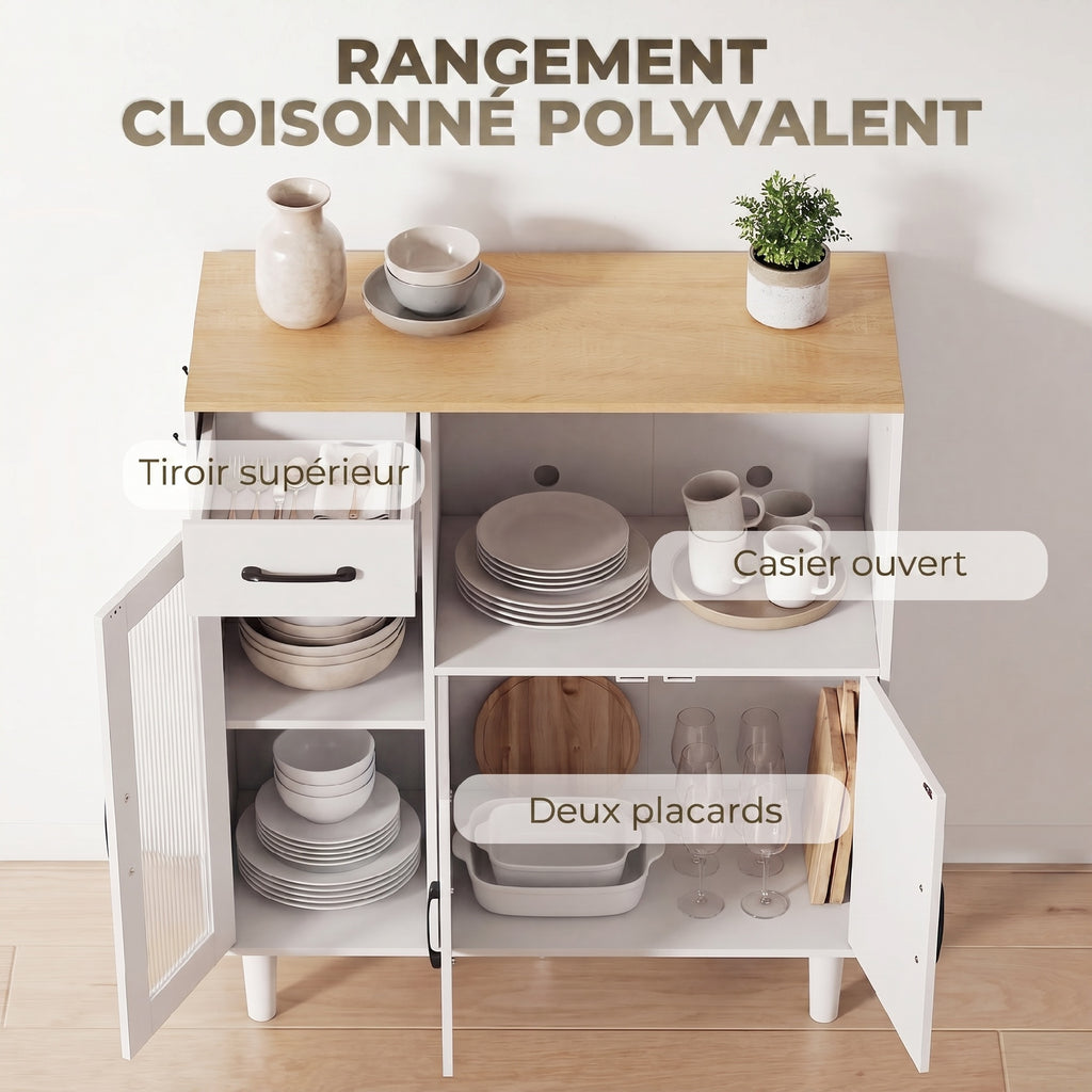 Buffet cuisine, meuble de rangement avec tiroir, 3 portes dont 1 en acrylique cannelée, étagère ouverte, blanc et chêne-4