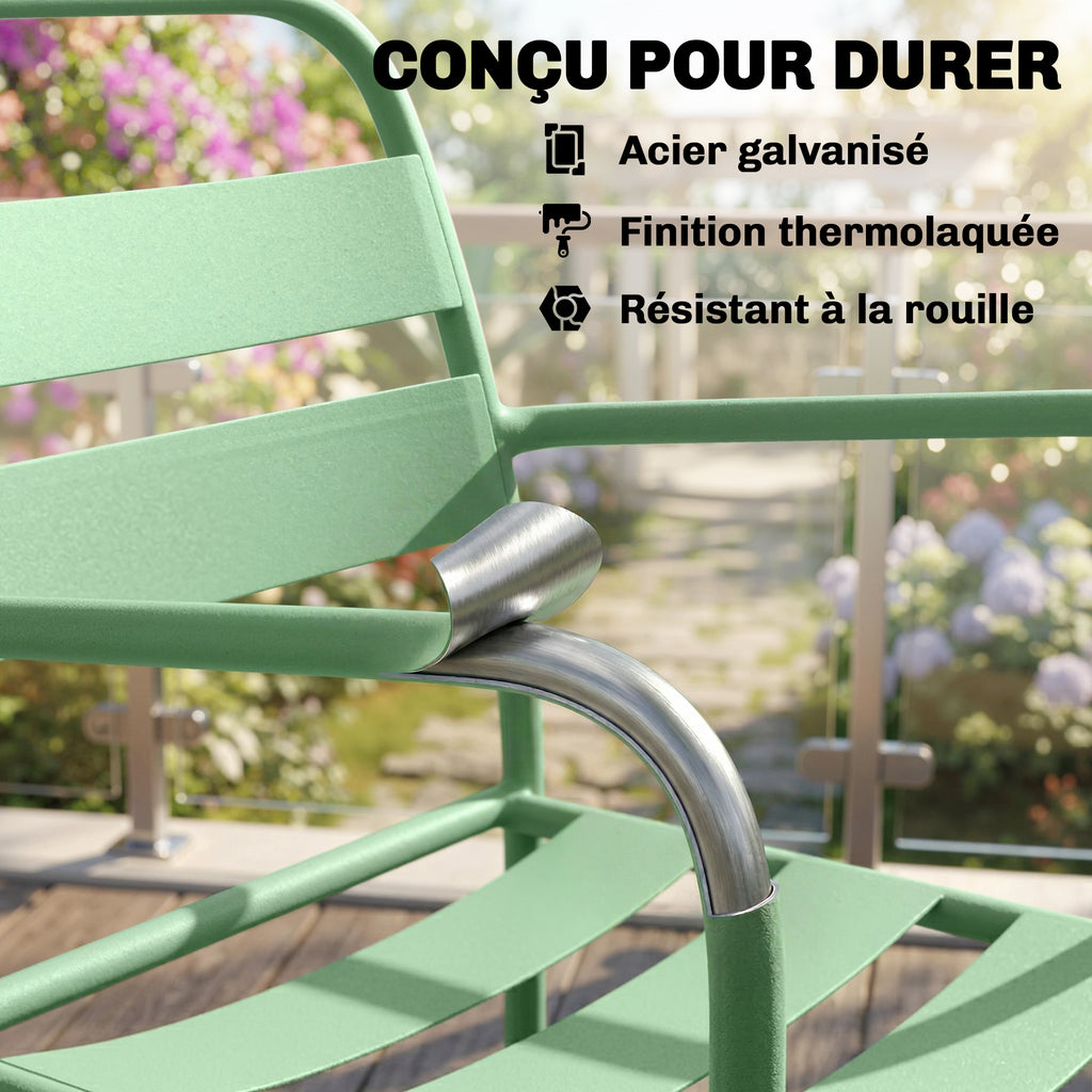Ensemble bistrot de jardin 3 pièces - table basse en verre trempé et 2 chaises à lattes, cadre en acier galvanisé, vert-4