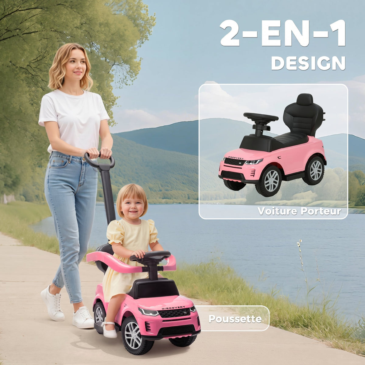 Porteur enfants Land Rover Discovery sous licence, porteur voiture à pousser avec poignée amovible, 84x40x94,5cm, rose-3
