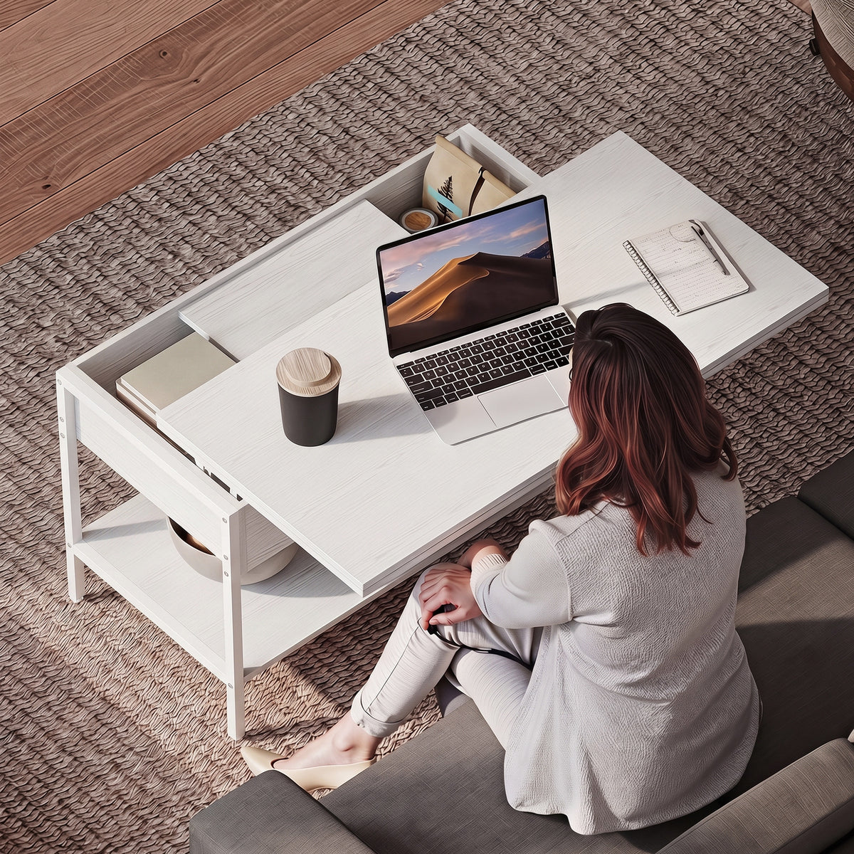 Table basse relevable et extensible, table de salon avec compartiment caché étagères ouvertes, 98x49x55cm, blanc-7