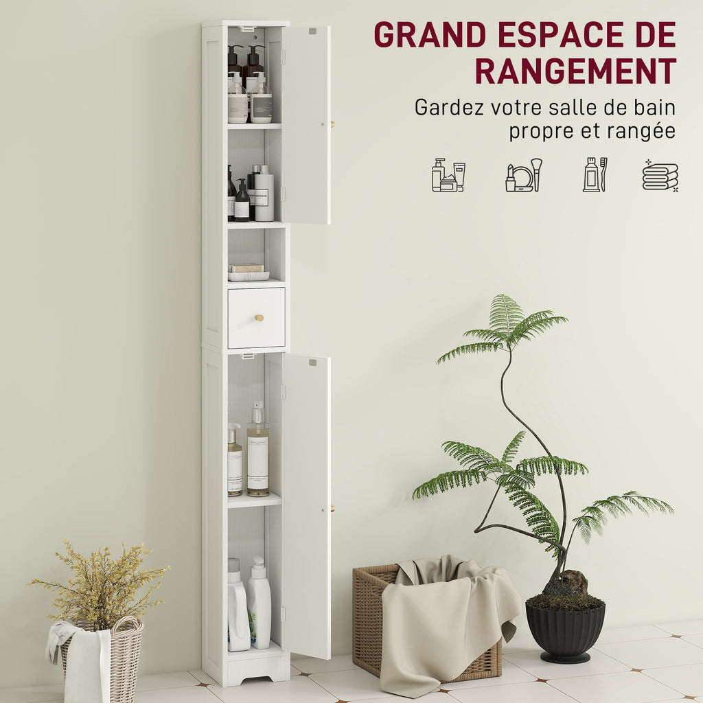 Meuble colonne salle de bain, meuble de rangement, 2 portes, tiroir, compartiment ouvert, étagère réglable, blanc-3
