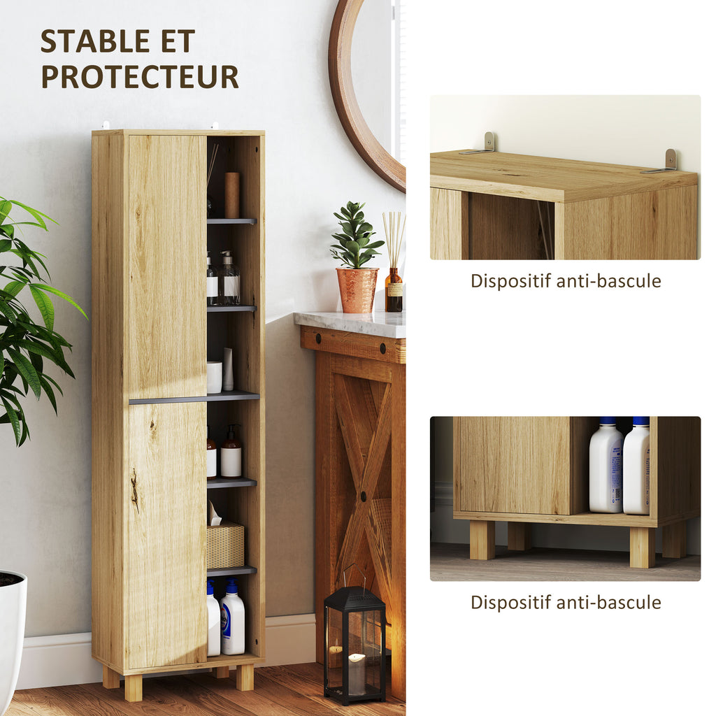 Meuble colonne salle de bain, armoire de salle de bain avec 6 compartiments ouverts et 2 placards, bois naturel-5