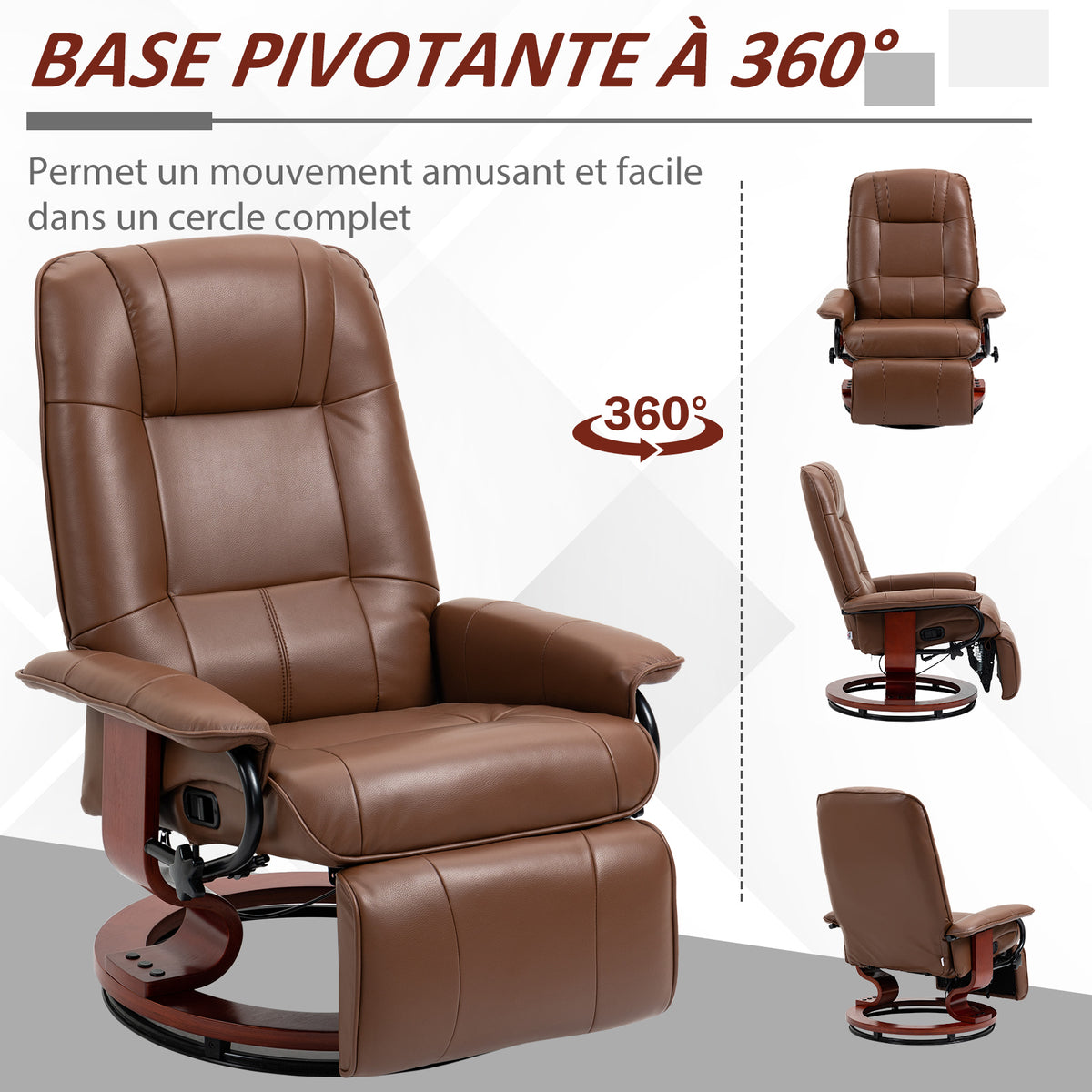 Fauteuil relax inclinable repose-pieds réglable pivotant 360° piètement bois revêtement PU respirant et doux marron-4