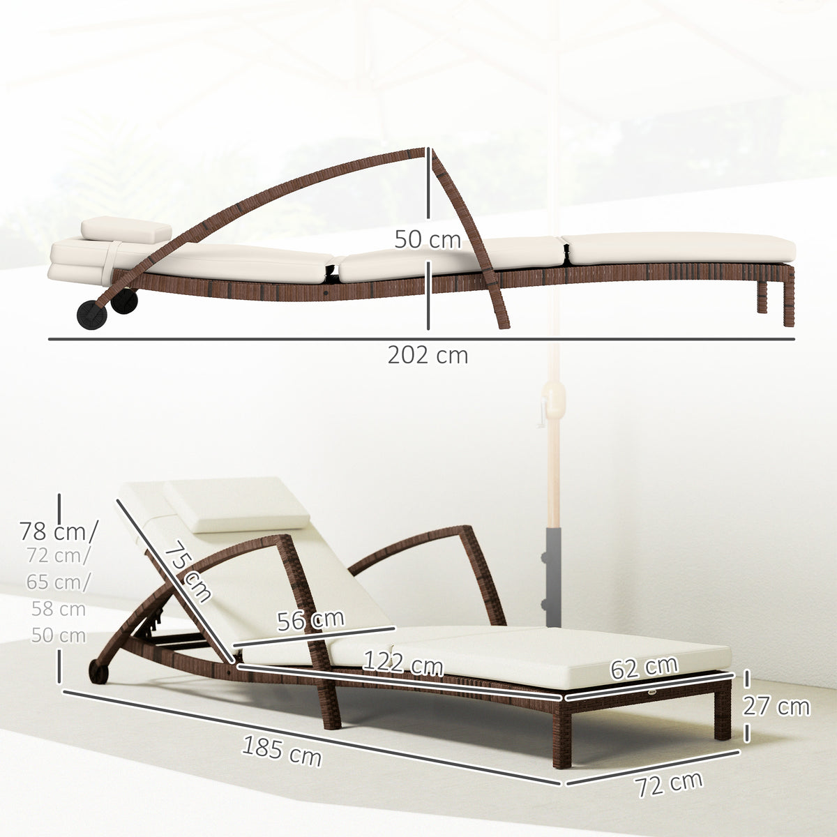 Bain de soleil, chaise longue en résine tressée avec dossier réglable, roulettes, coussin et accoudoirs, marron et beige-2