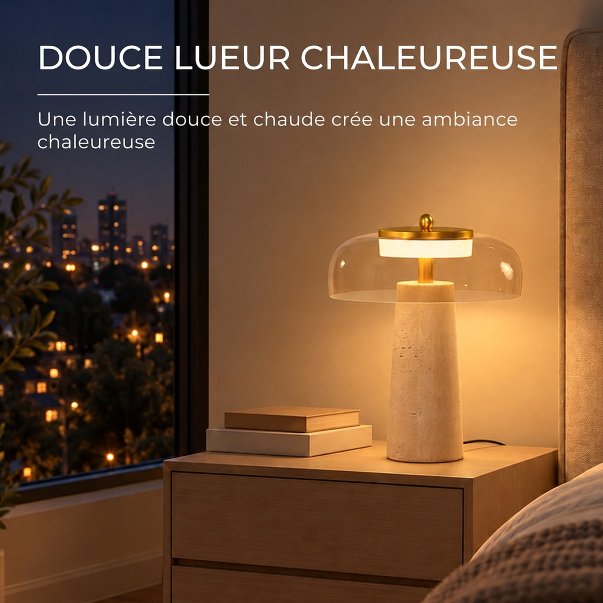 Lampe de Table Vintage avec Abat-Jour en Verre et Base en Travertin, Lampe de Chevet Rétro, Lumière Chaude 3000 K, Ambre-4