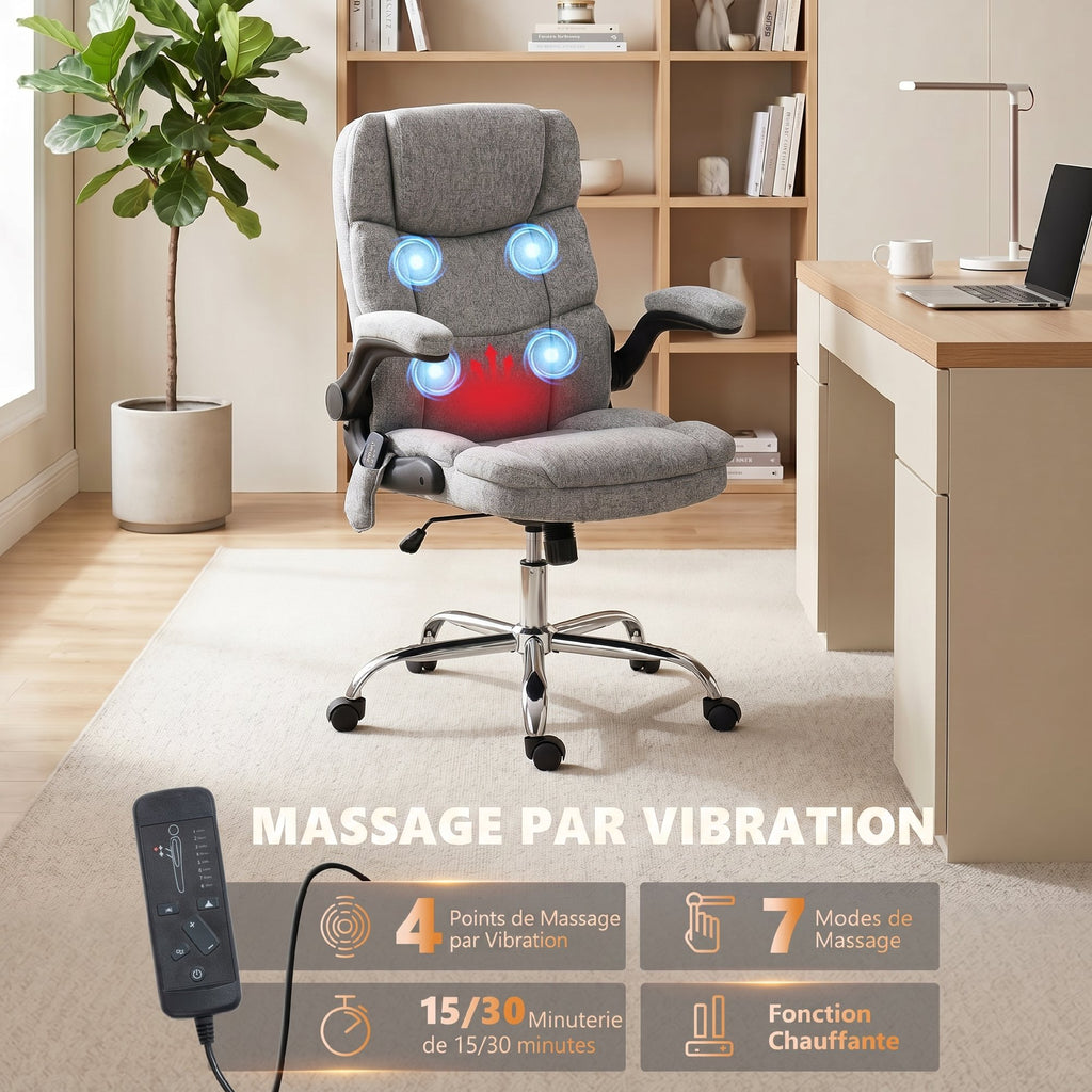 Fauteuil de bureau massant et chauffant, chaise de bureau ergonomique avec hauteur réglable, fonction à bascule, gris-3