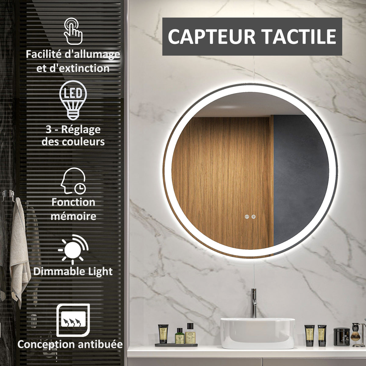 Miroir rond lumineux LED de salle de bain Ø 80 cm mural avec éclairage 3 couleurs interrupteur tactile 46W blanc argent-4