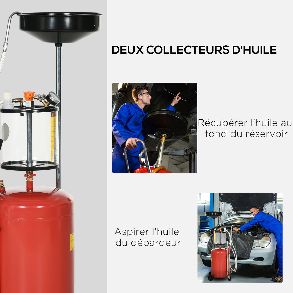 Récupérateur d'huile de vidange portable 2-en-1 avec hauteur réglable et vidangeur d'huile pneumatique de 80L-3