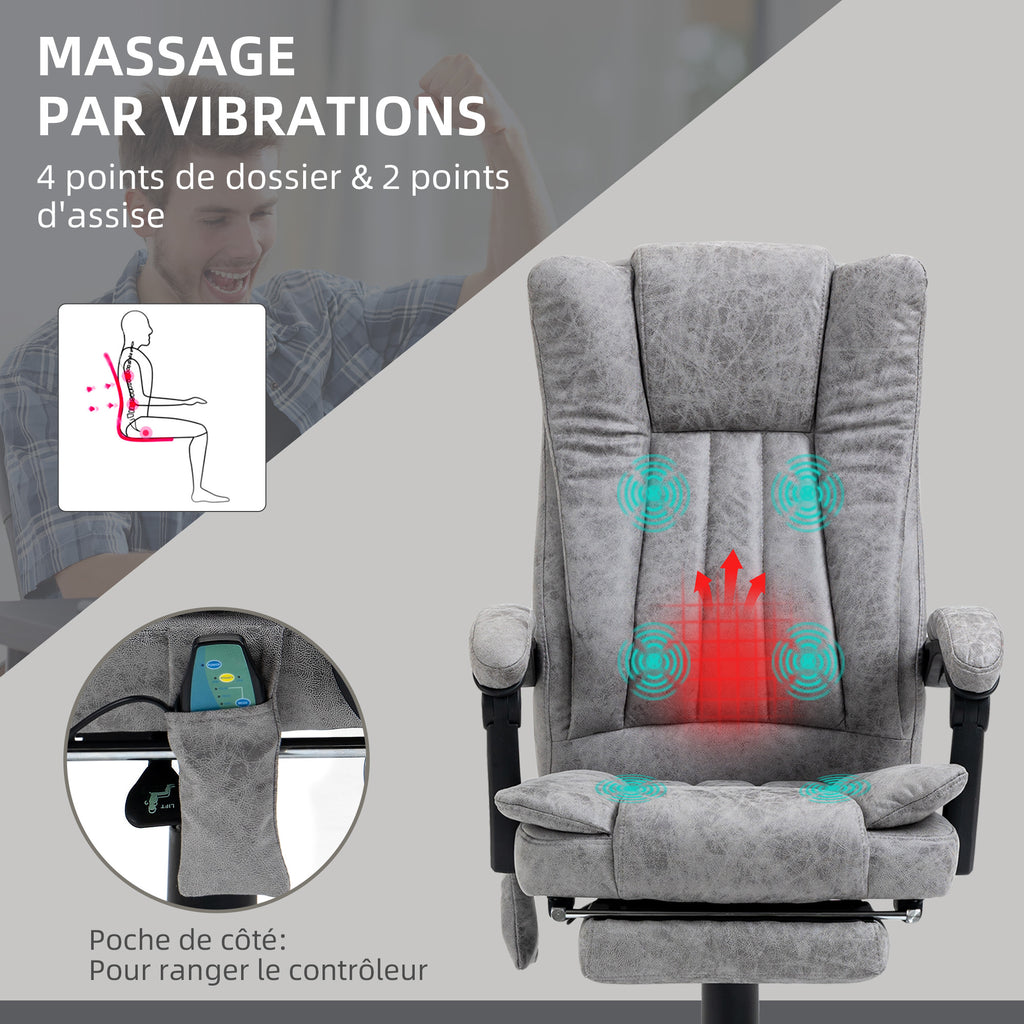 Fauteuil de bureau massant et chauffant, chaise de bureau, chaise ergonomique avec hauteur réglable, dossier inclinable, repose-pied et télécommande filaire, pivotant à 360°, gris-5