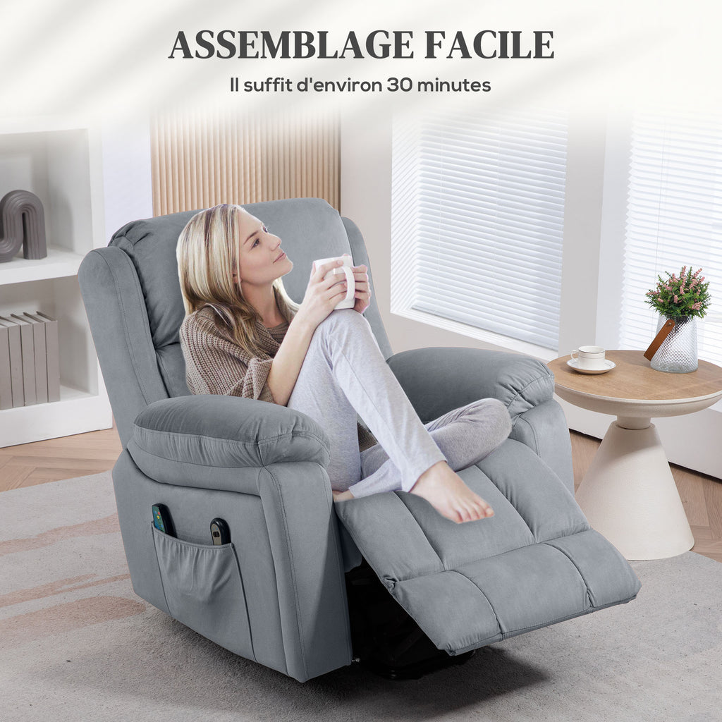 Fauteuil releveur électrique avec fonction massage et chaleur inclinaison réglable revêtement synthétique tissu gris-7