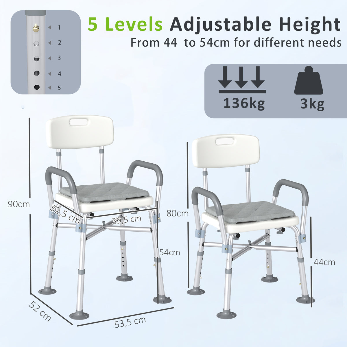 Tabouret de Douche Réglable en Hauteur à 5 Niveaux, Chaise de Douche, Accoudoirs Rembourrés et Coussin Amovible, Gris-2