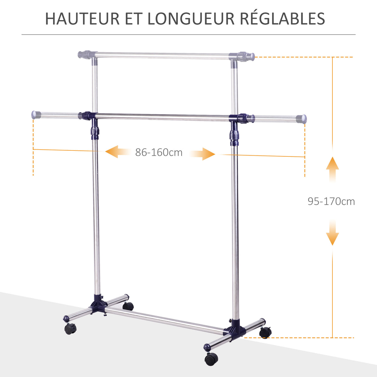 Portant à Vêtements, Tringle Réglable à Roulettes en Acier Inox, Charge Max. 25 kg, Argent-3