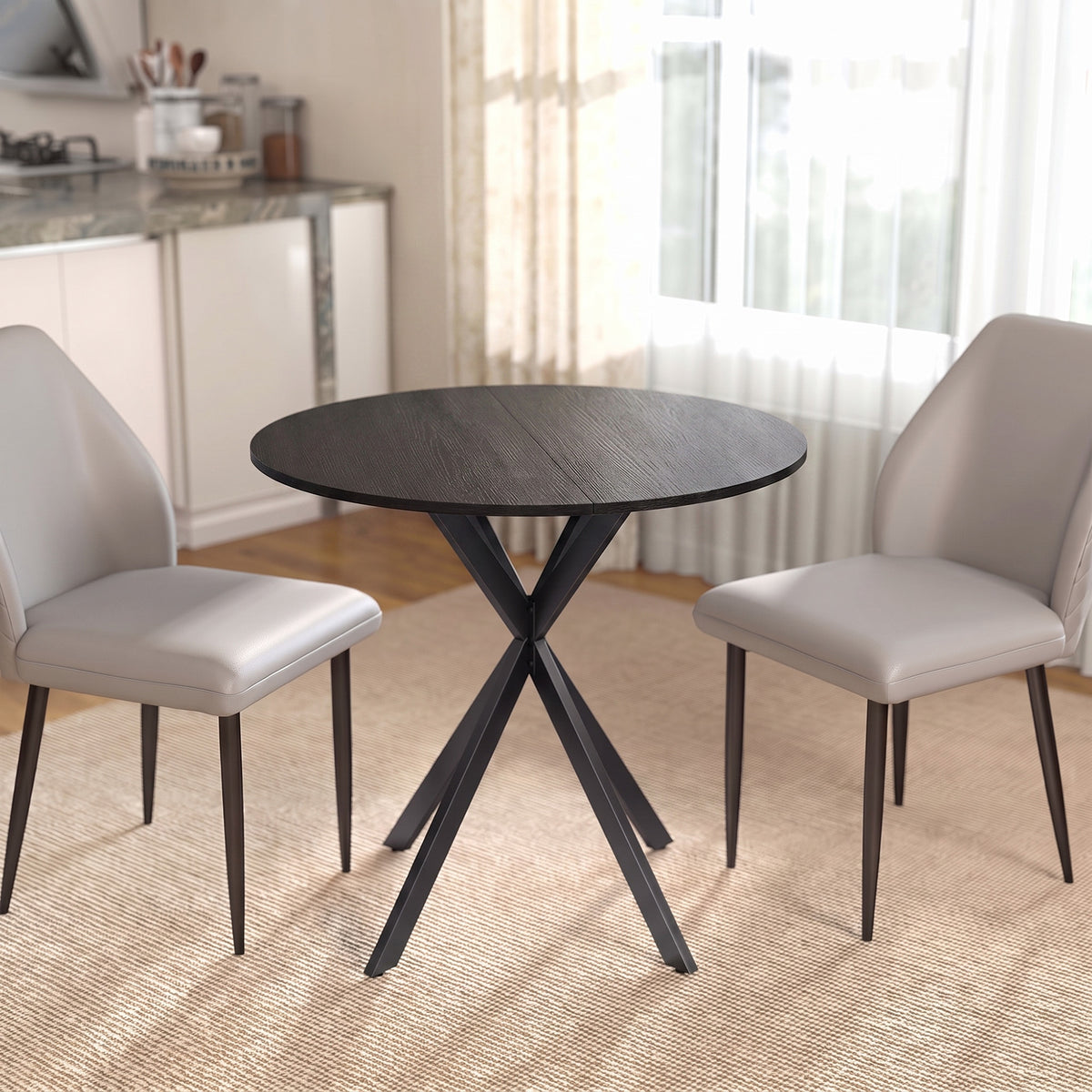 Table à Manger Ronde pour 2 Personnes avec Plateau Aspect Bois et Piètement Croisé en Acier, Noir-1