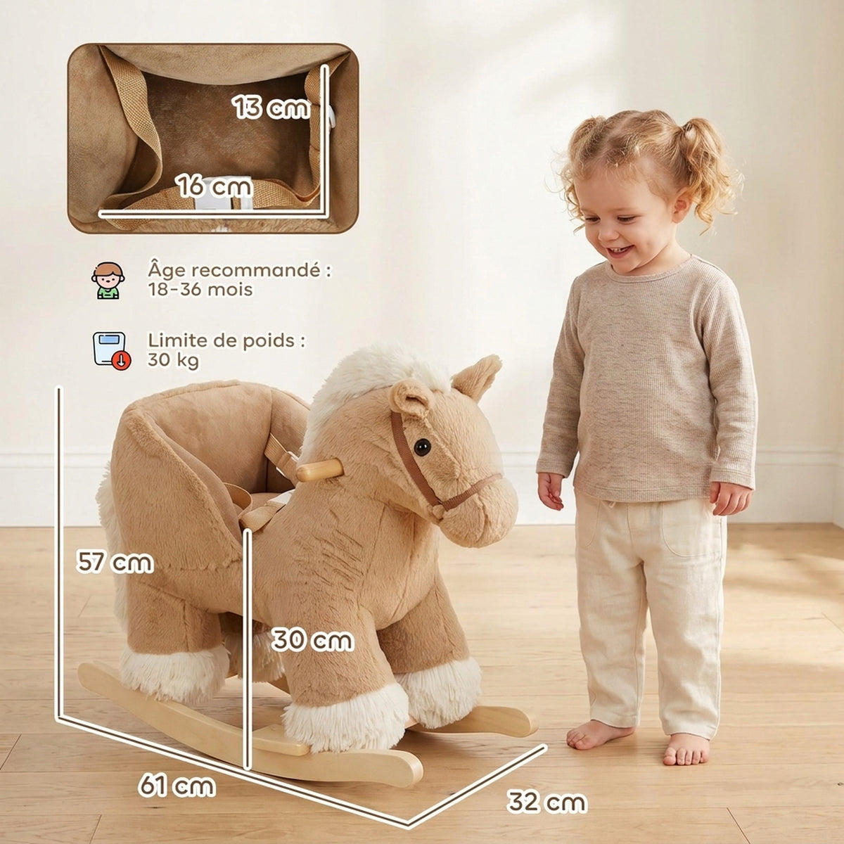 Cheval à Bascule pour Enfants, Animal à Bascule Bébé en Peluche avec Sons, Ceinture de Sécurité, 18-36 Mois, Marron-2