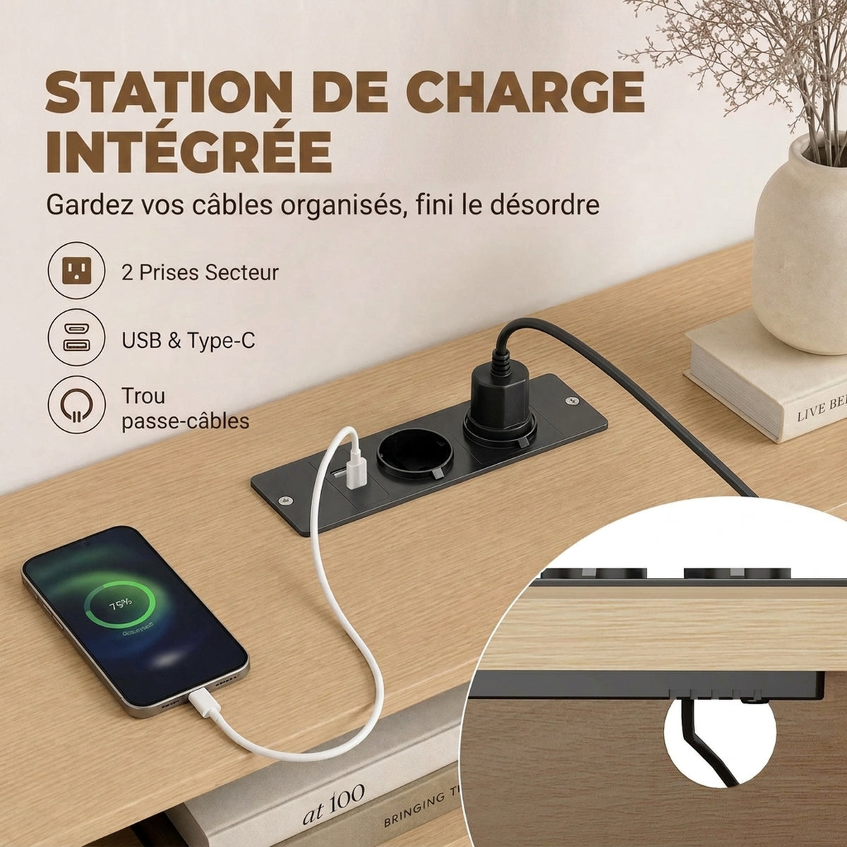 Meuble TV 140 cm avec 2 Prises et 2 Ports, Meuble Télé pour 84 Pouces, 2 Portes Battantes, 2 Portes Coulissantes, Chêne-3