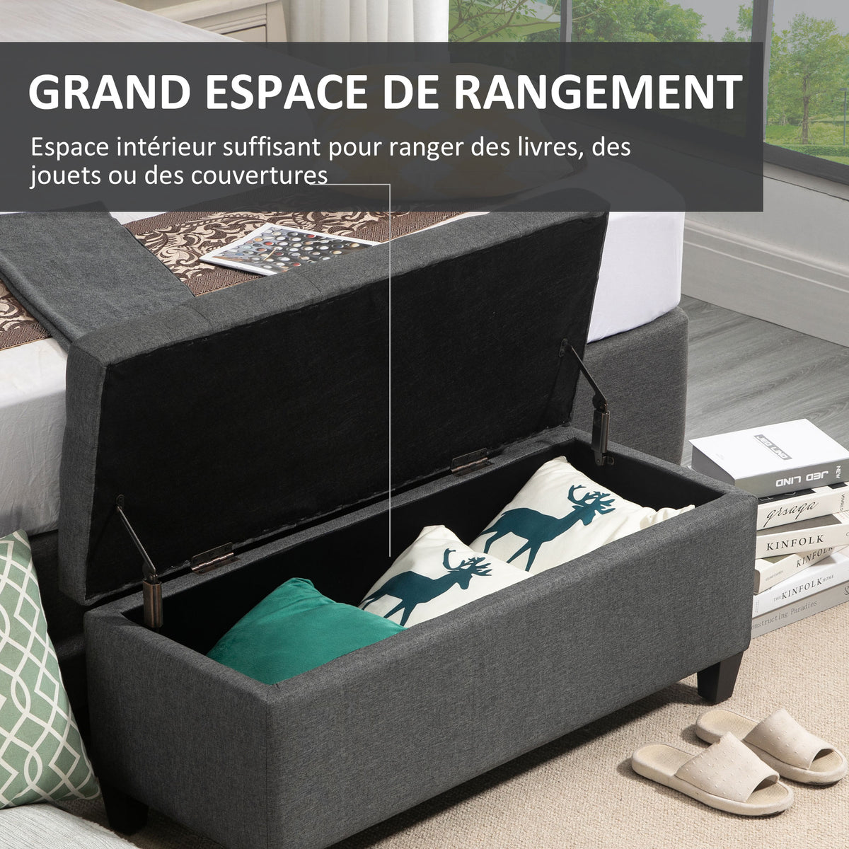 Banc de rangement pouf salon bout de lit coffre de rangement pour salon, chambre, entrée, 100 x 40 x 44 cm, gris foncé-3