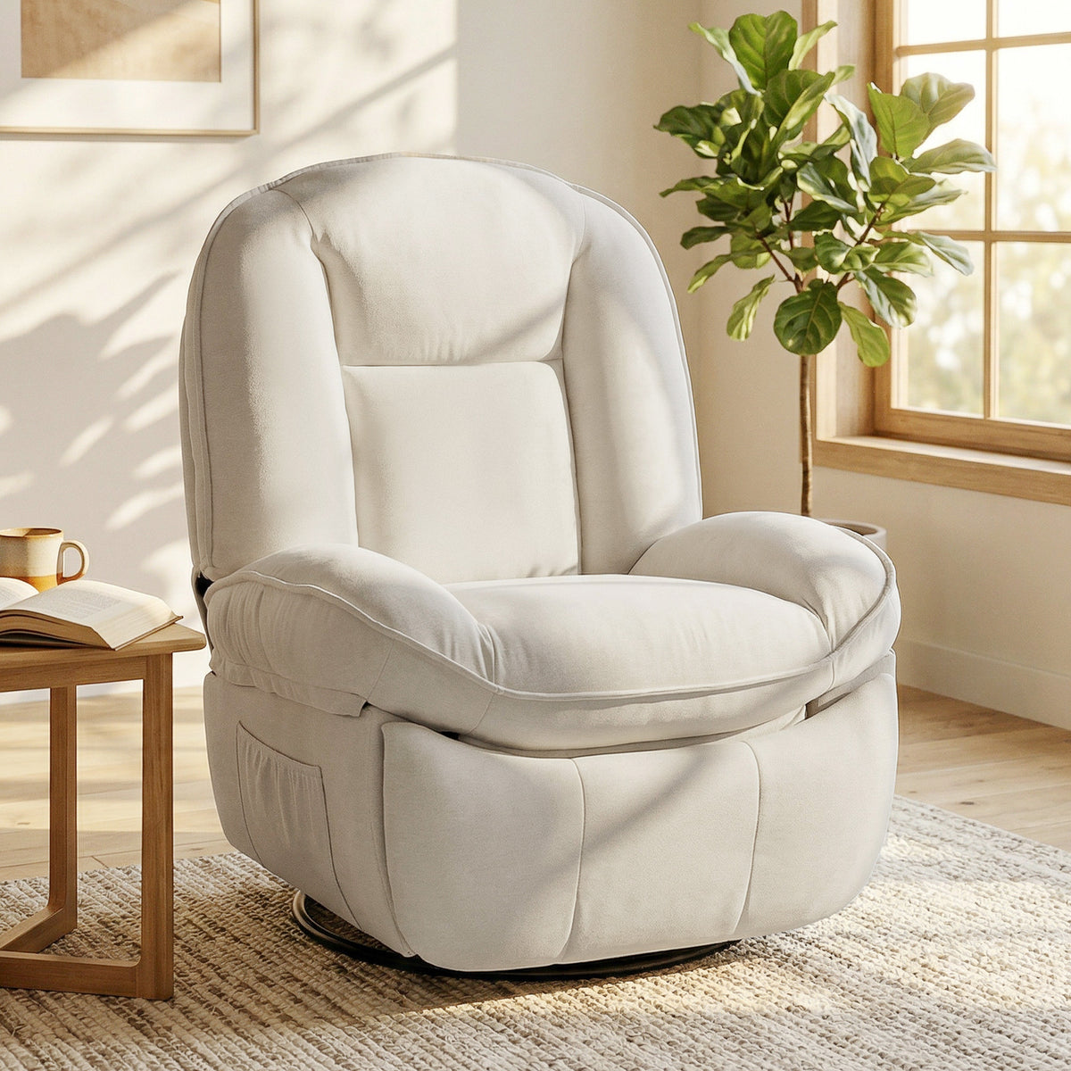 Fauteuil inclinable en chenille, fauteuil de relaxation pivotant à 360°, assise large, poches latérales, crème-1