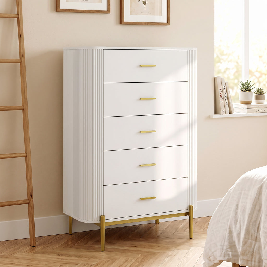 Commode 5 Tiroirs, Meuble de Rangement avec Façades Rainurées et Pieds en Métal, Style Moderne, 90x44x120cm, Gris Clair-1