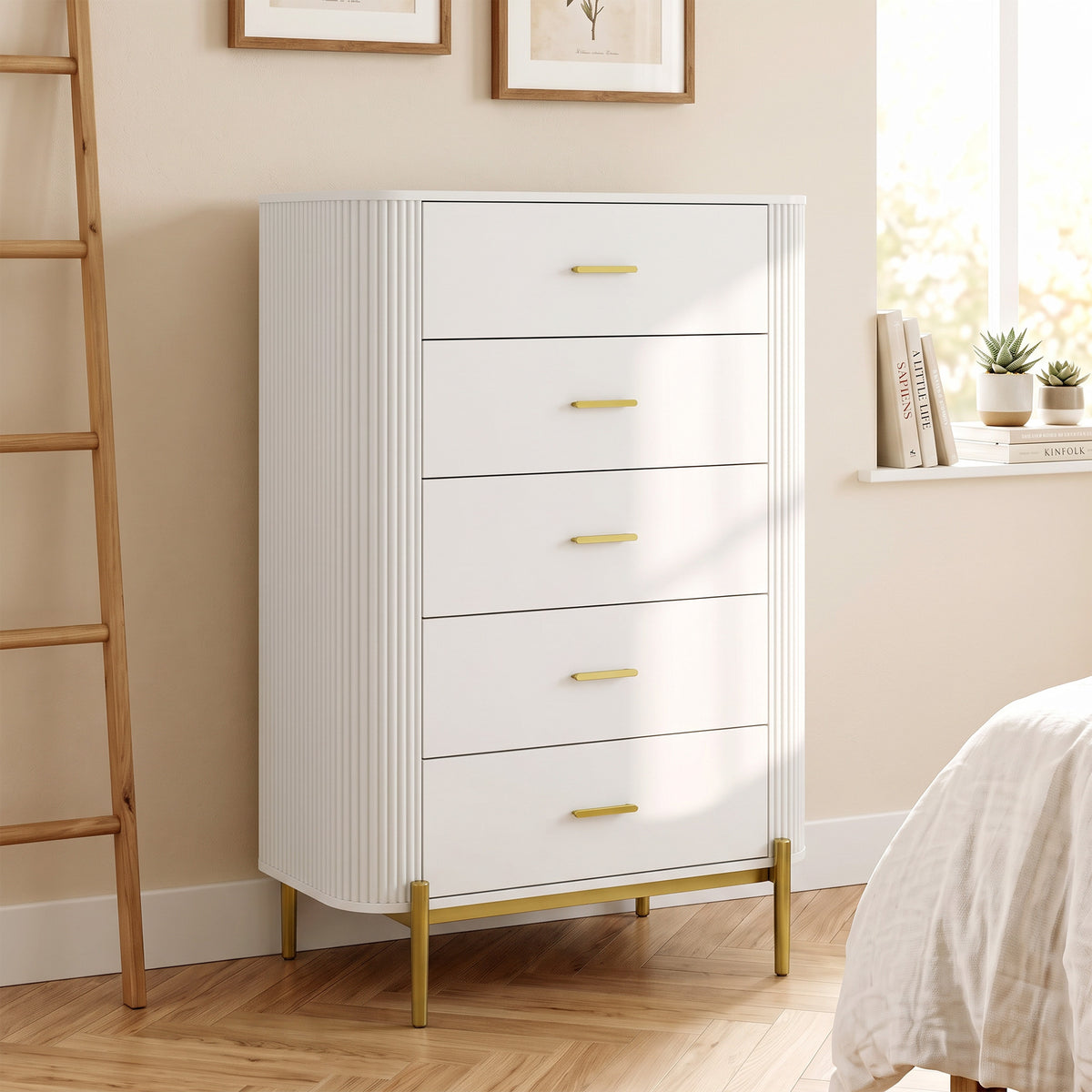 Commode 5 Tiroirs, Meuble de Rangement avec Façades Rainurées et Pieds en Métal, Style Moderne, 90x44x120cm, Gris Clair-1
