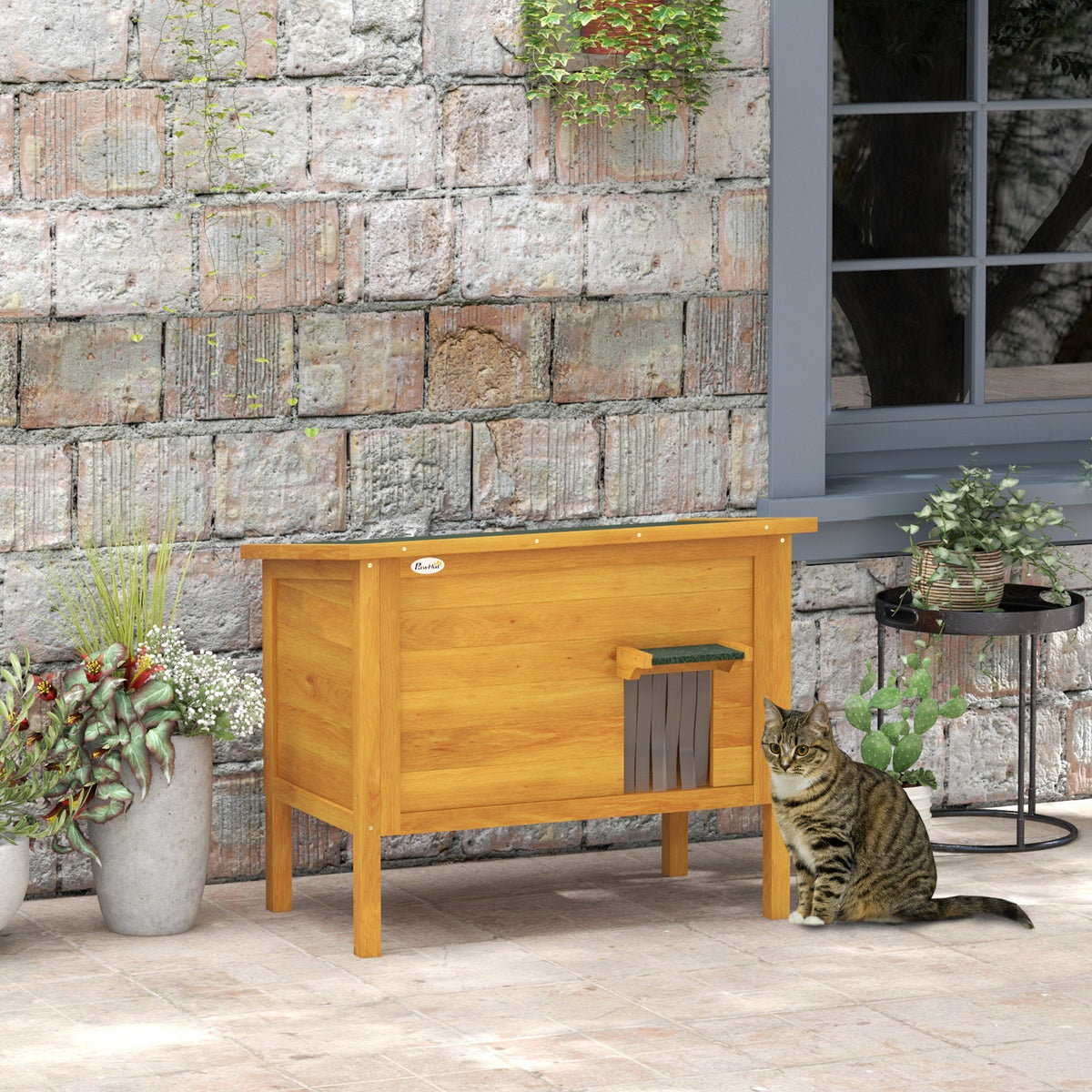 Maison pour chats niche d'extérieur en bois surrélevée avec toit ouvrable isolée  85 x 50 x 68,5 cm naturel vert-9