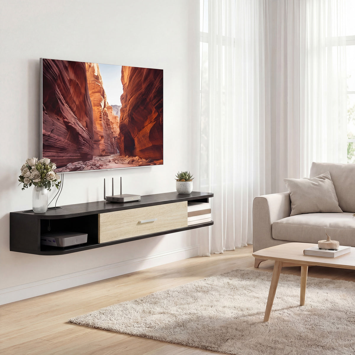 Meuble TV Suspendu 120 cm, Meuble télé jusqu'à 50 Pouces, Porte Rabattable, 2 Étagères Ouvertes et Passe-câbles, Noir-1