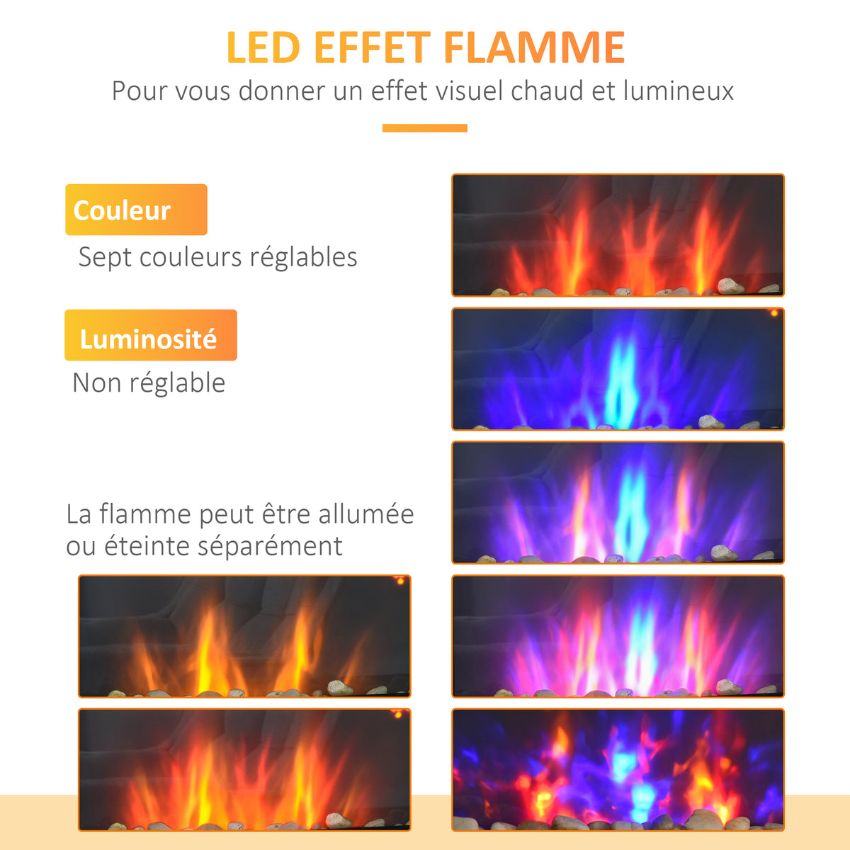 Cheminée électrique murale 1000/2000 W, cheminée décorative avec effet flamme 7 couleurs réglables, 72,5x11,5x40cm, noir-4