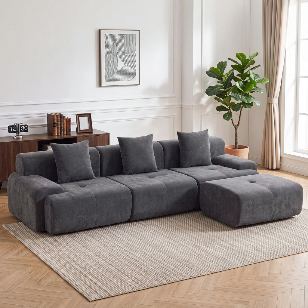 Canapé d'Angle Modulable 3 Places avec Pouf en Chenille, Canapé Compressé 300 cm avec Assise Profonde, 3 Coussins, Gris-1