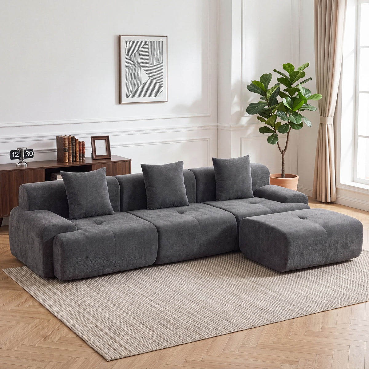 Canapé d'Angle Modulable 3 Places avec Pouf en Chenille, Canapé Compressé 300 cm avec Assise Profonde, 3 Coussins, Gris-1