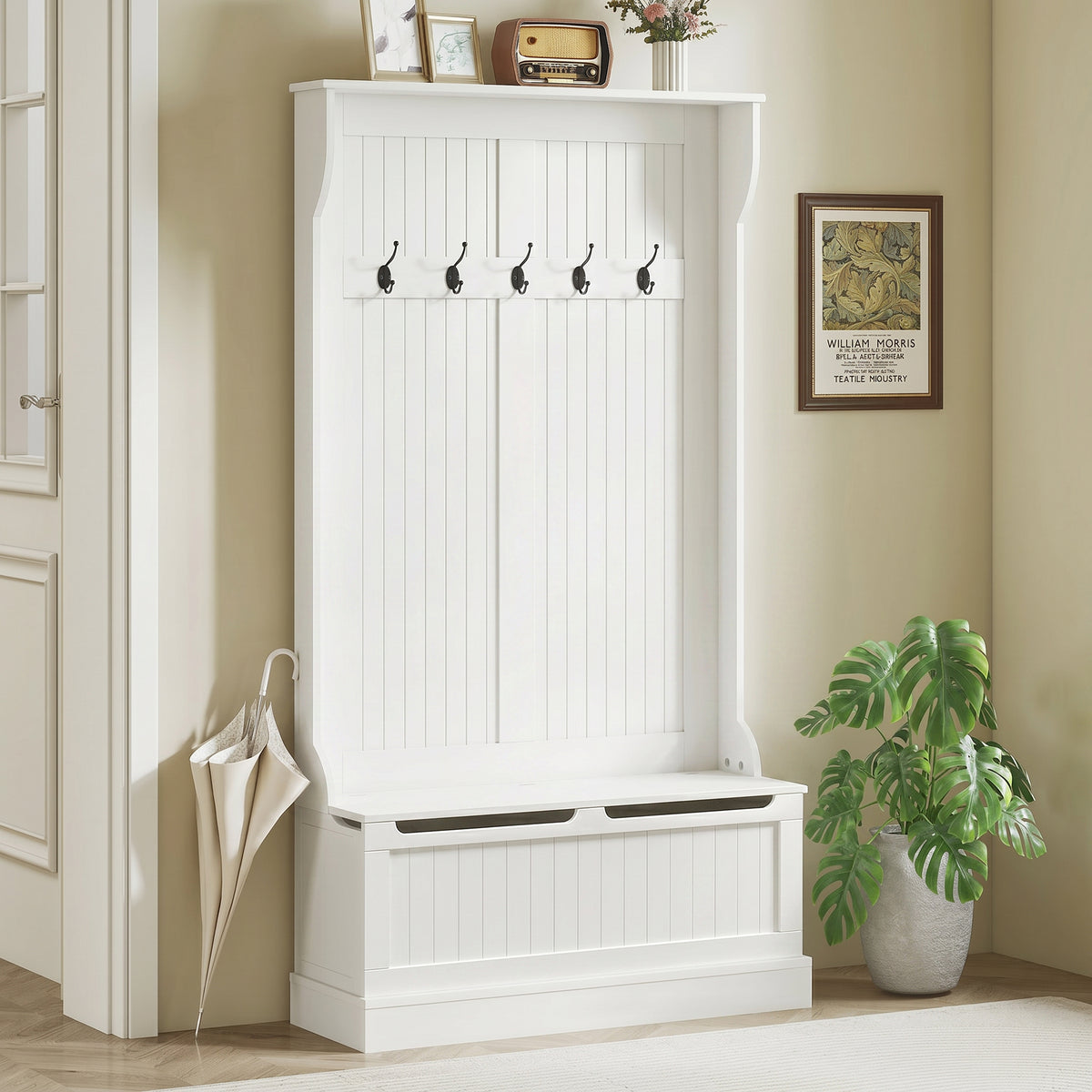Meuble d'entrée avec banc porte manteaux 3 en 1 5 crochets banc de rangement pour salon couloir 96 x 34 x 179,7 cm crème-1