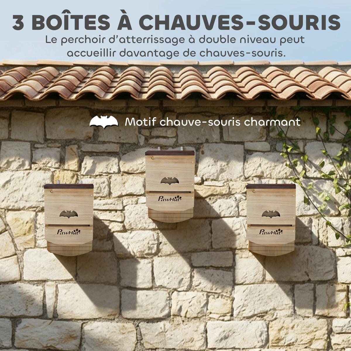 Lot de 3 Nichoirs Chauve Souris en Bois abri à chauves-souris avec Plateforme Rainurée 23 x 9,5 x 36,5 cm bois naturel-3