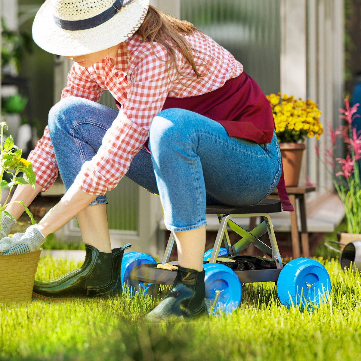 Siège de jardin sur roues tabouret de jardinage plateau à outils pour désherber planter 50 x 49 x 32 cm bleu-1