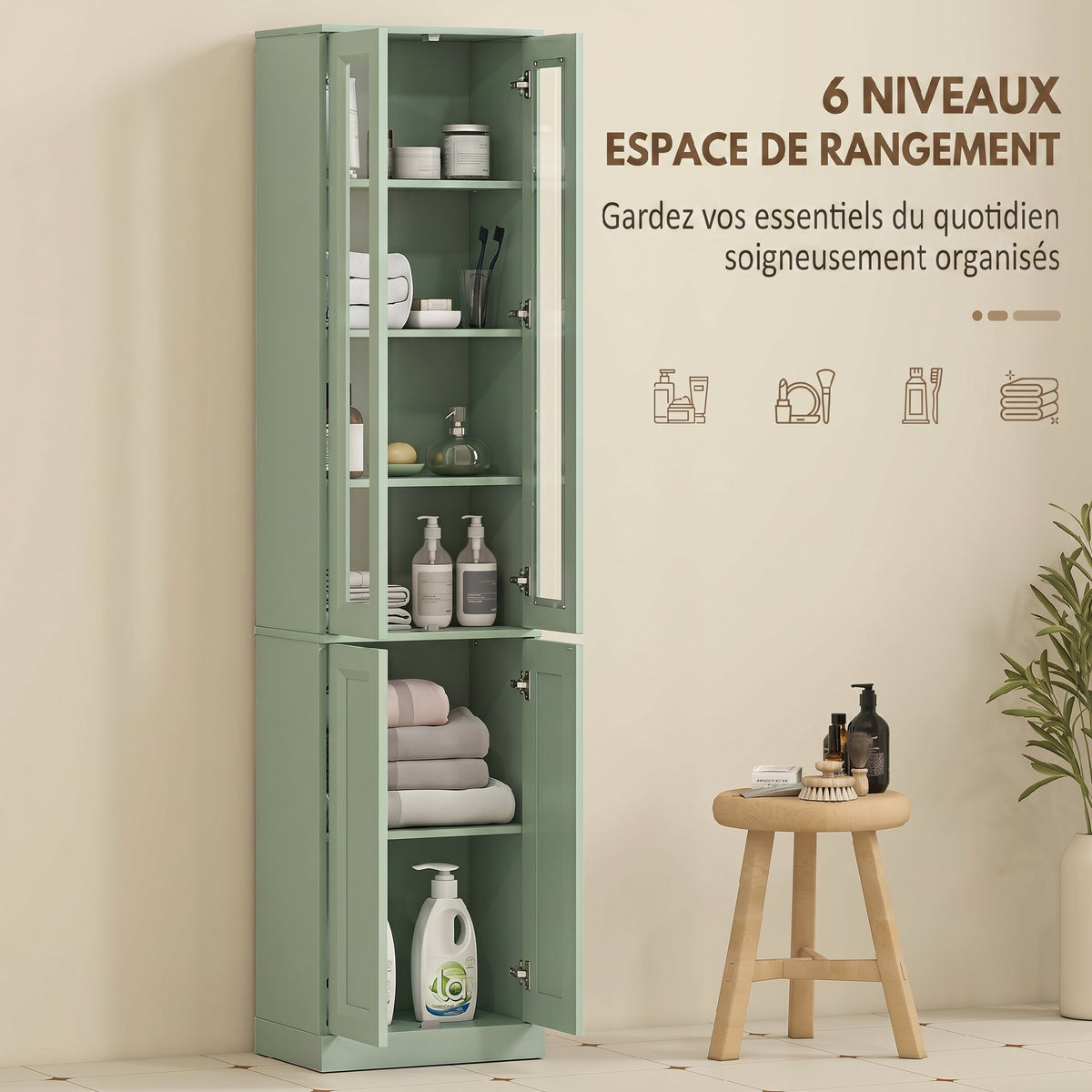 Meuble de Salle de Bain 6 niveaux, Meuble de Rangement avec 4 Portes à Fermeture Douce et Étagères Réglables, Vert-3