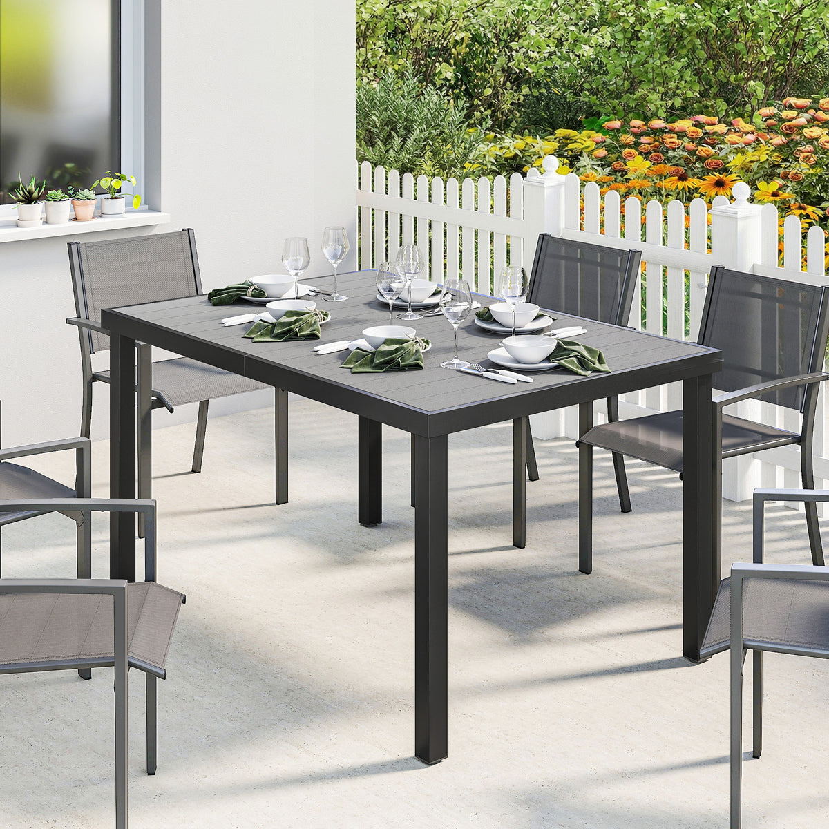 Table de jardin pour 4 à 6 personnes, table à manger extérieure avec plateau à lattes, 140 x 90 x 74 cm, gris-1