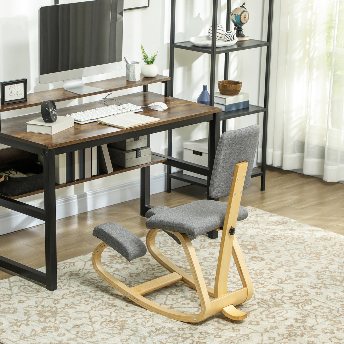 Siège assis genoux, siège ergonomique en bois à bascule avec dossier, chaise à genoux pour bureau à domicile, gris-9