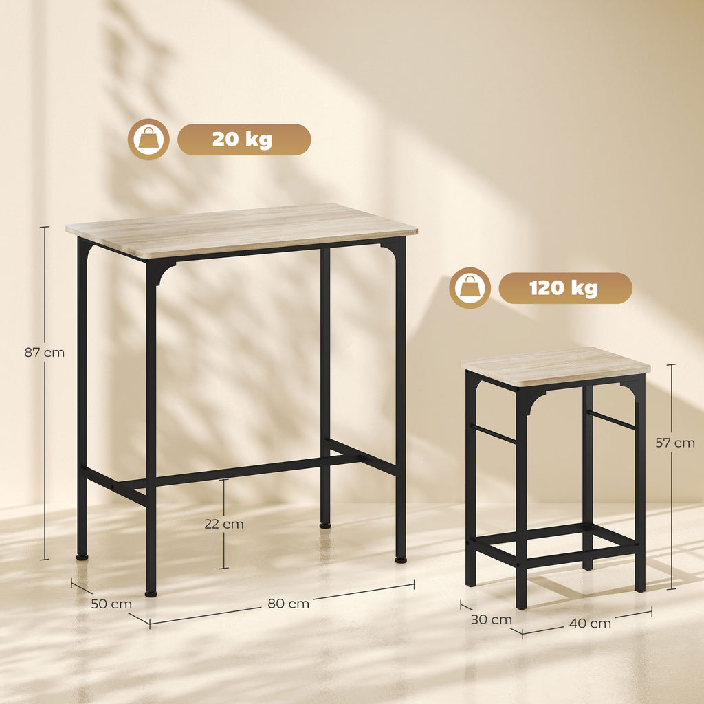 Ensemble table de bar avec 2 tabourets, cadre en acier pour cuisine, salle à manger et salon, effet bois naturel-2