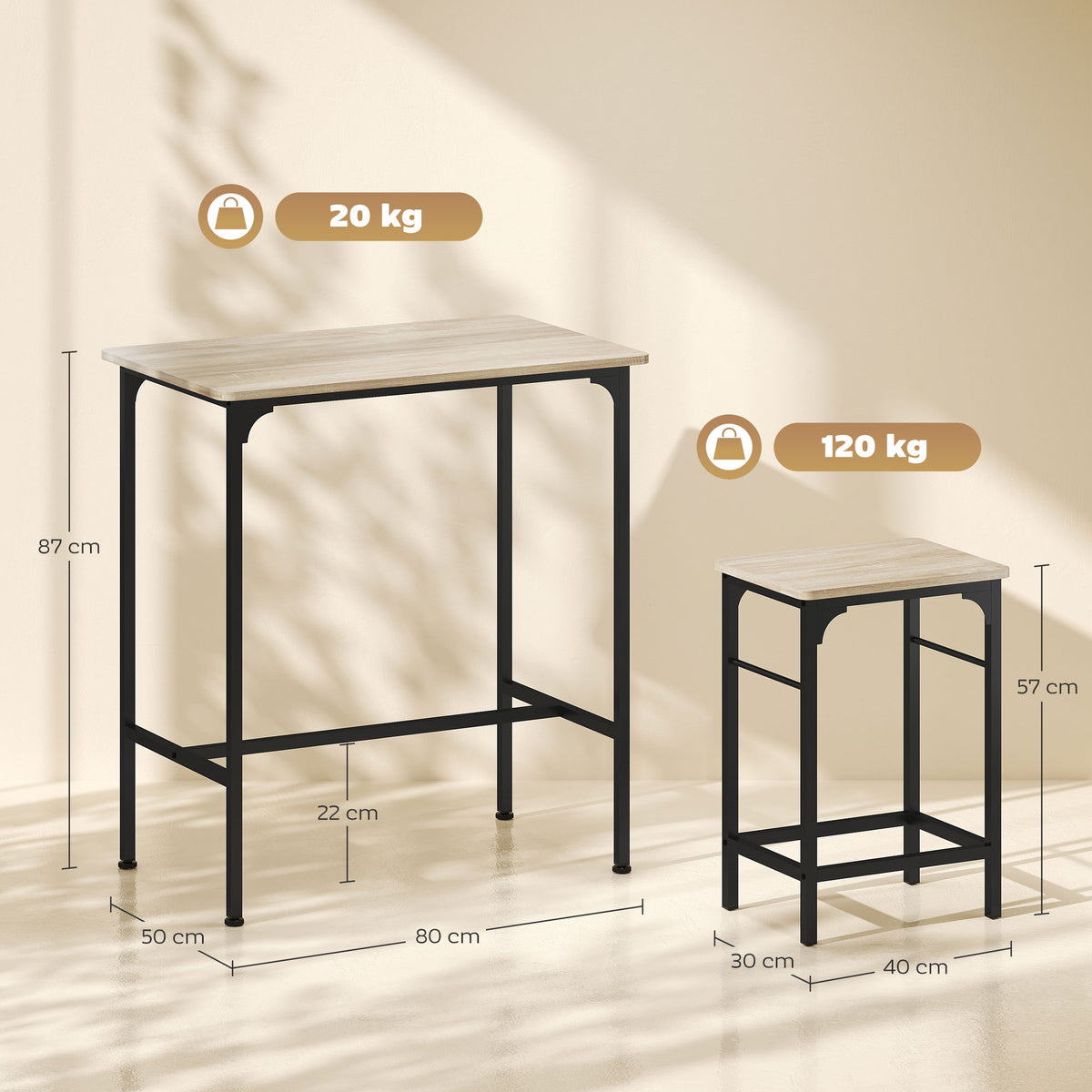 Ensemble table de bar avec 2 tabourets, cadre en acier pour cuisine, salle à manger et salon, effet bois naturel-2