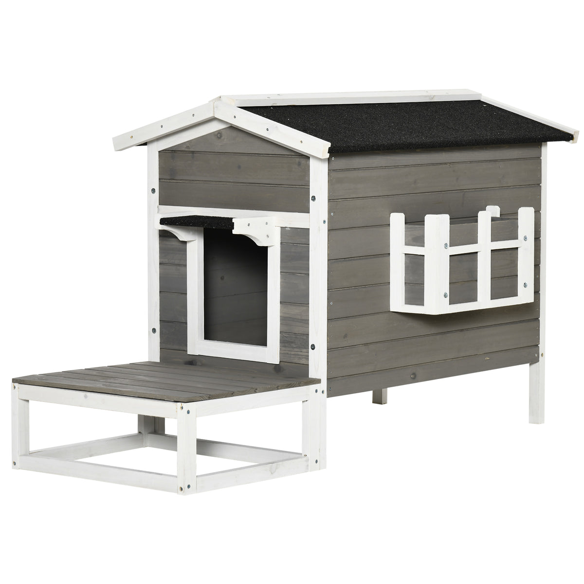 Maisonnette pour chats niche extérieure surélevé avec terrasse étanche en bois, dim. 115L x 66,5P x 74,7H cm, gris-0