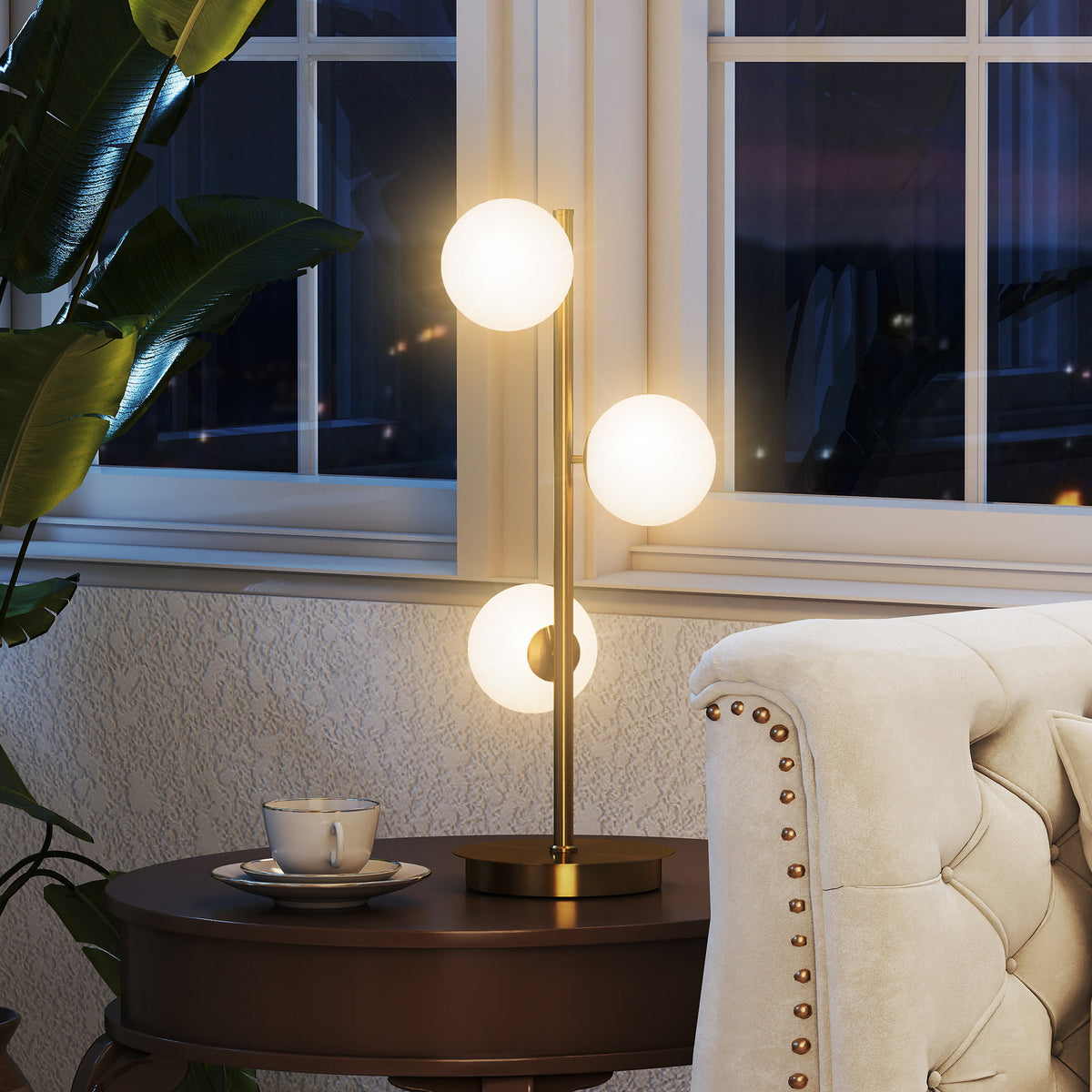 Lampe de chevet avec 3 abat-jours globe, lampe de table moderne avec base en acier et douilles G9, 53H cm, ton laiton-6