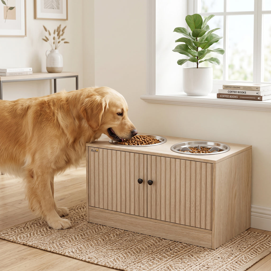 Gamelles pour chiens surélevées porte-gamelles avec rangement de 40L, 2 bols en acier inoxydable 60 x 30 x 35,5 cm chêne-9