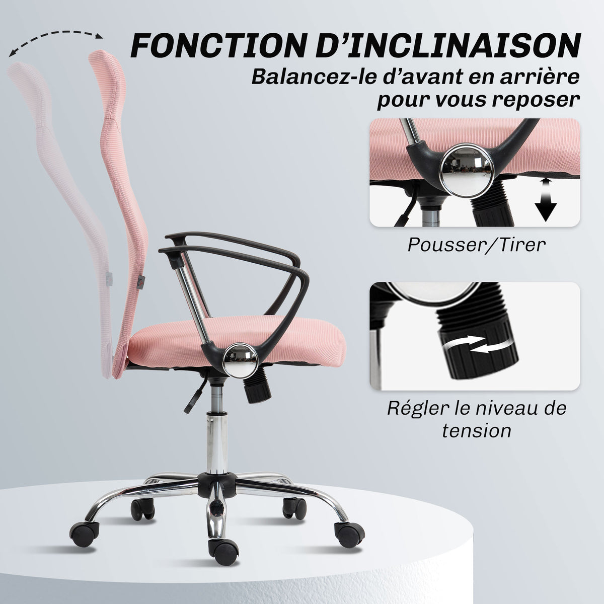 Fauteuil de bureau manager dossier ergonomique hauteur assise réglable pivotant tissu maille 63x65x119109-119cm rose-5