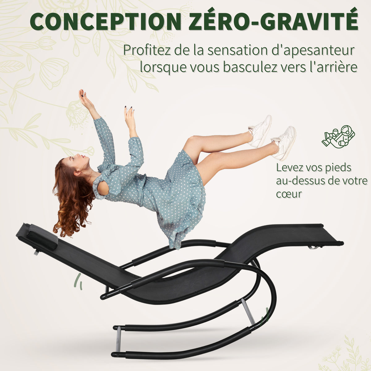 Chaise longue à bascule rocking chair ergonomique avec tétière accoudoirs métal galvanisé textilène 62l x 150P-5