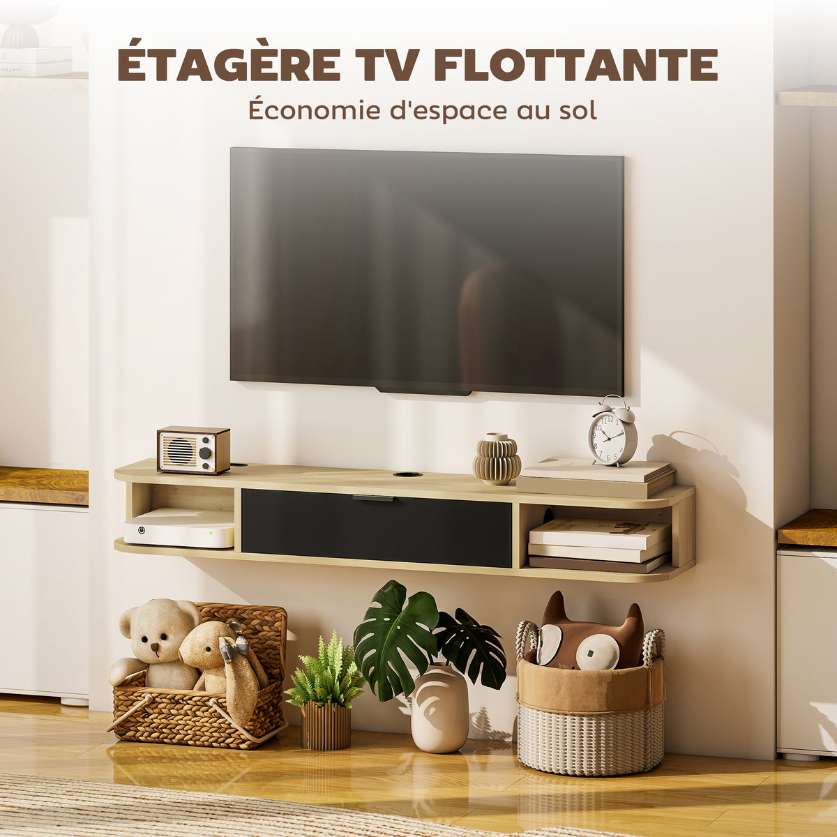 Meuble TV suspendu, meuble télé pour téléviseur jusqu'à 50 pouces, tiroir rabattable 2 étagères 120x24x16cm noir-3
