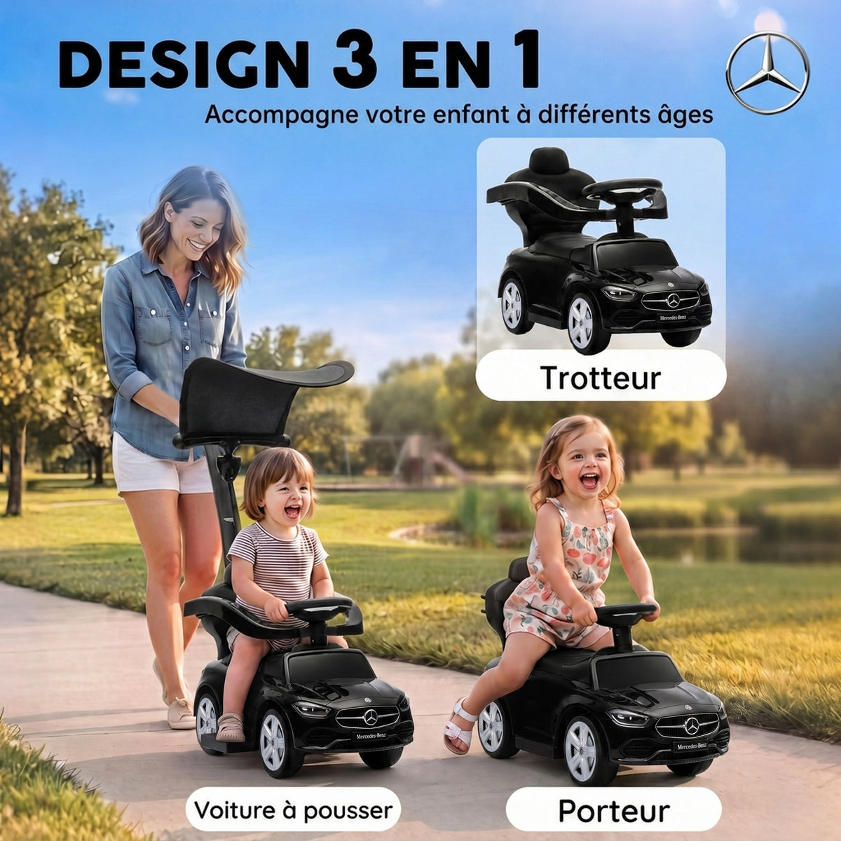 Porteur Enfants 3 en 1 Mercedes-Benz sous Licence, Garde-Corps, Espace de Rangement, Klaxon, 83x40x90cm, Noir-3